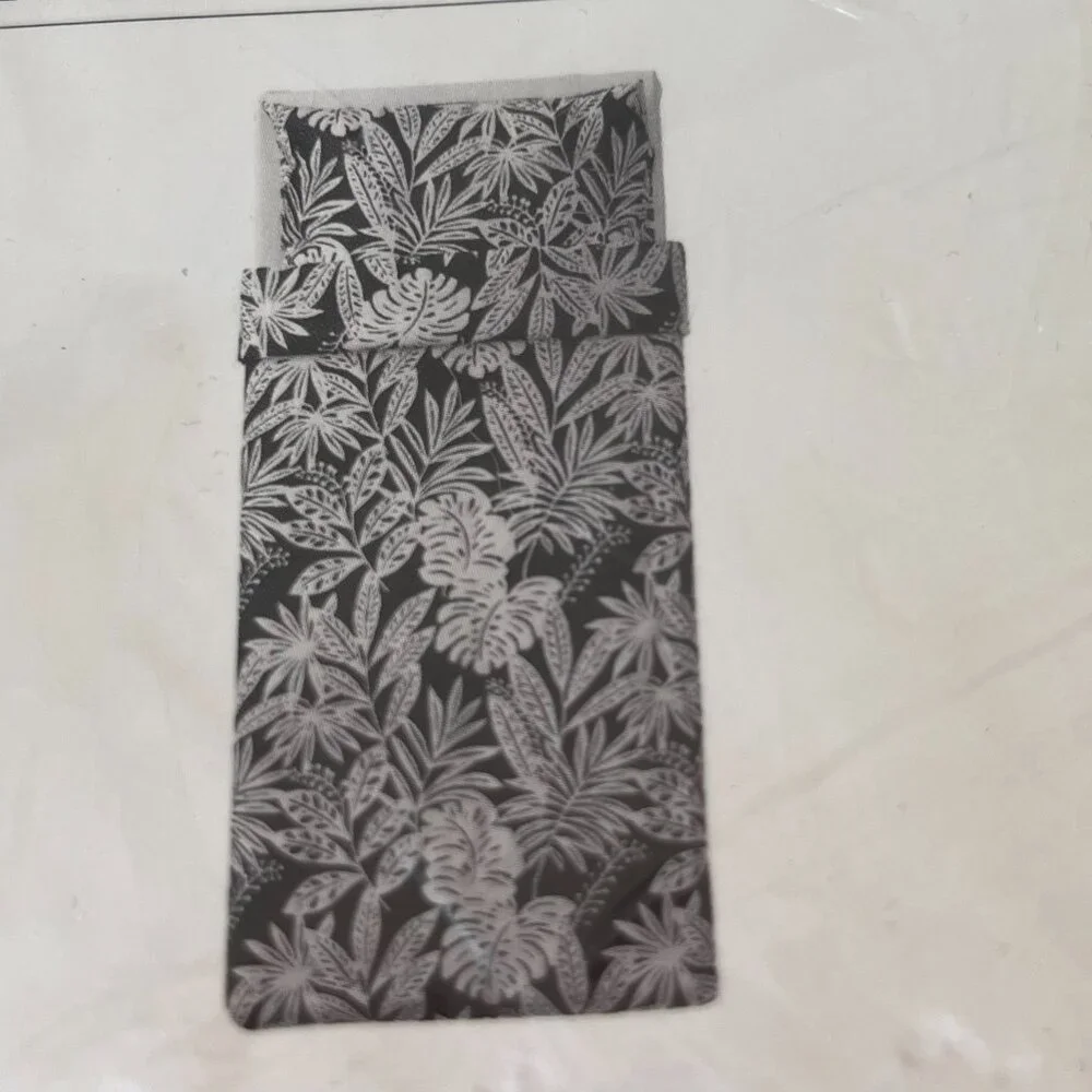 New IKEA Fagerginst Twin Duvet Cover & Pillowcase Set Black White Leaf Cotton